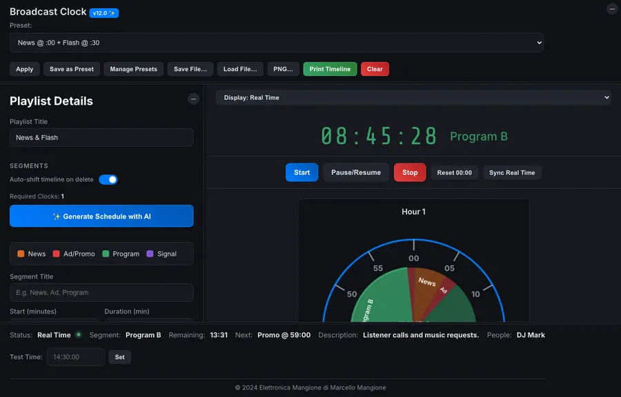 Interfaccia di Broadcast Clock con la scaletta oraria a orologio