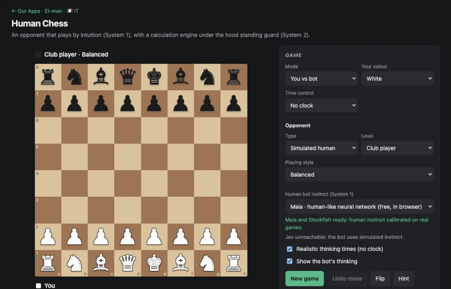 Human Chess board with the game settings panel for playing against the bot