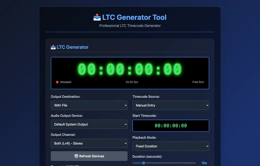 Interfaccia di LTC Generator Tool con display timecode verde