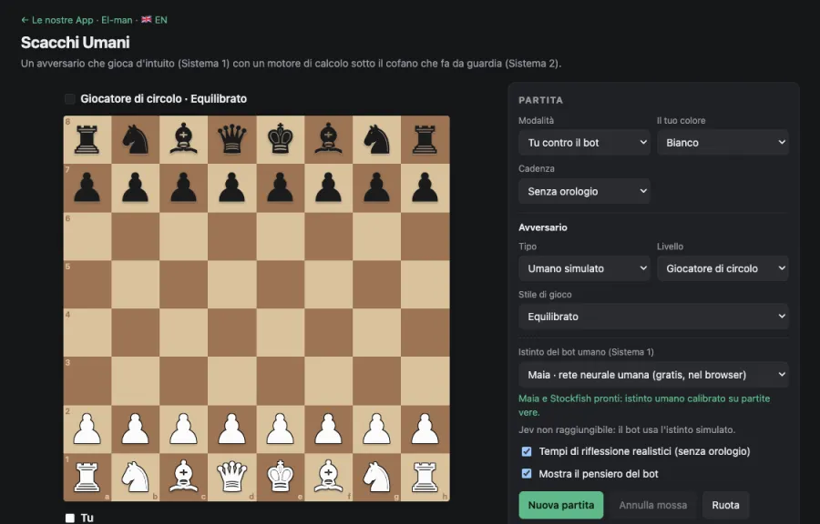 Scacchiera di Scacchi Umani con il pannello di configurazione della partita contro il bot