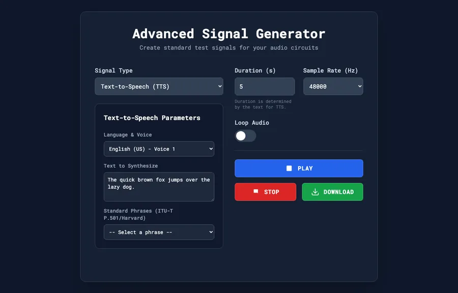 Generatore di segnali con selezione tipo, durata e frequenza