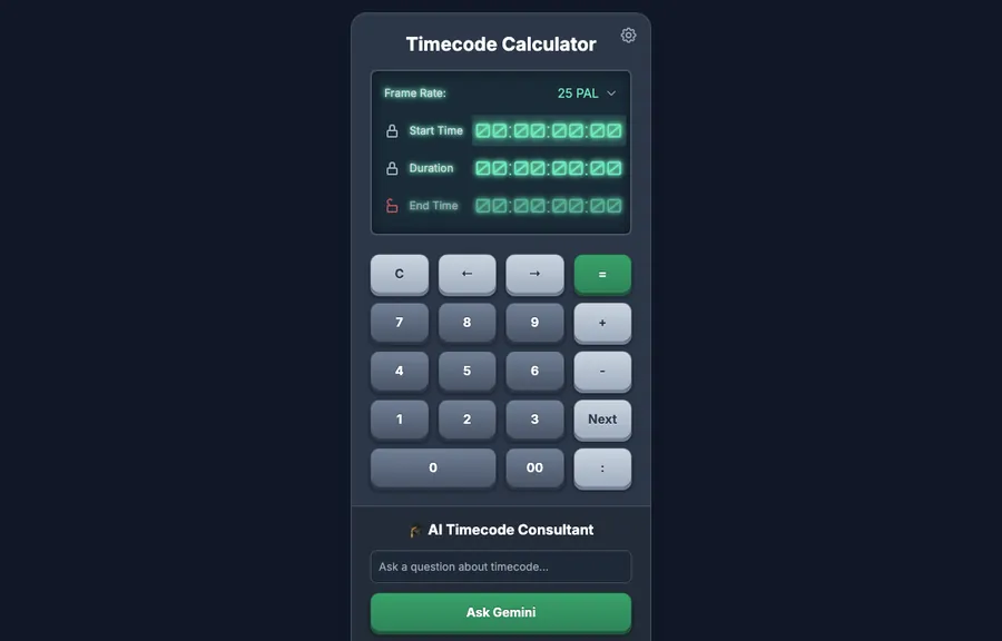 Calcolatrice timecode con tastierino numerico e campi ora