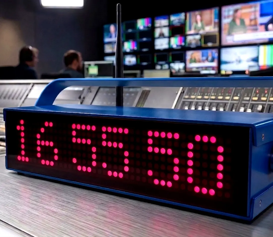 El-man LED clock running on a broadcast control room desk, with the audio mixer and monitor wall behind