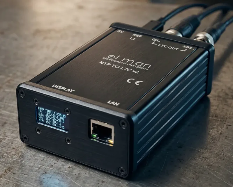 El-man NTP/LTC converter with OLED display and XLR and BNC outputs