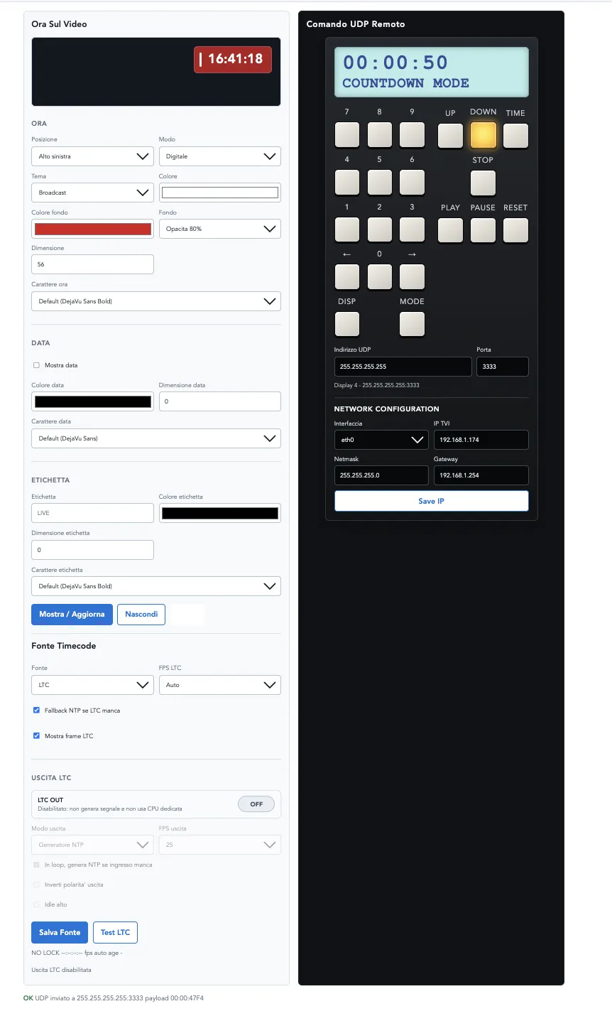 TVI web dashboard with OSD, LTC timecode and network configuration controls