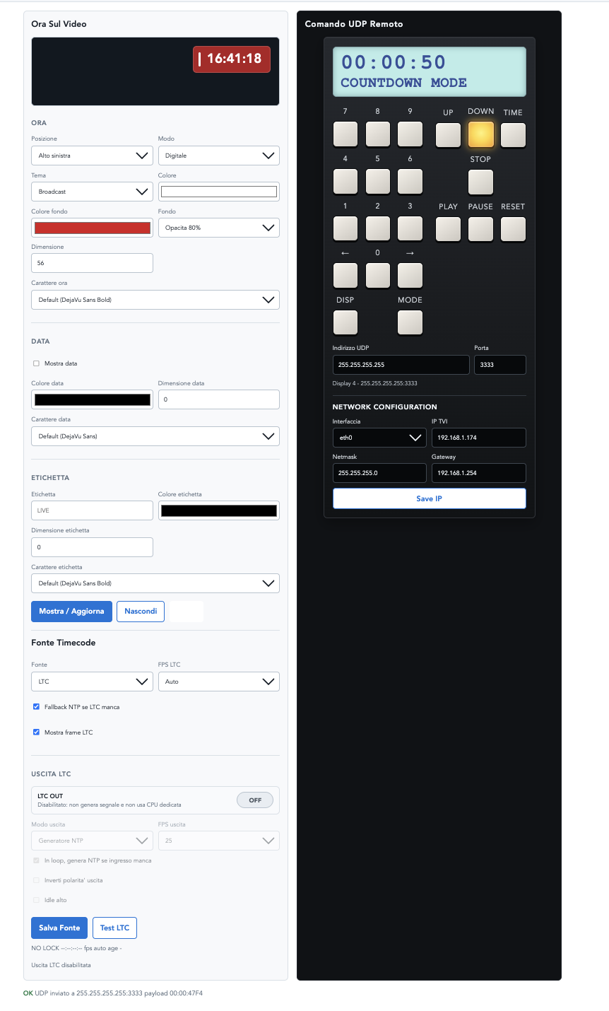 TVI web dashboard with OSD, LTC timecode, network and UDP controls